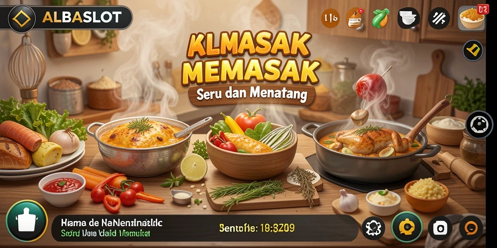 Antarmuka permainan ALBASLOT yang menampilkan proses memasak yang seru.