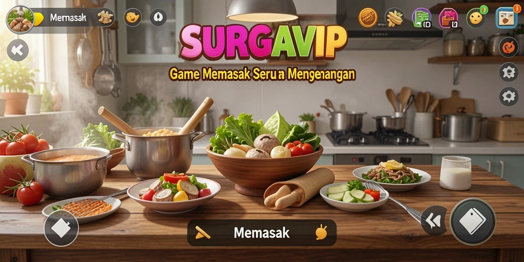 Tampilan antarmuka SURGAVIP dengan berbagai alat dan bahan memasak.